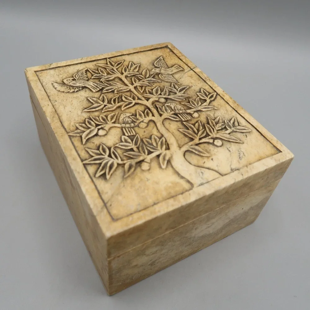 Vintage Marble Jewelry Trinket Box Tan Brown Carved Tree w Birds 4.5